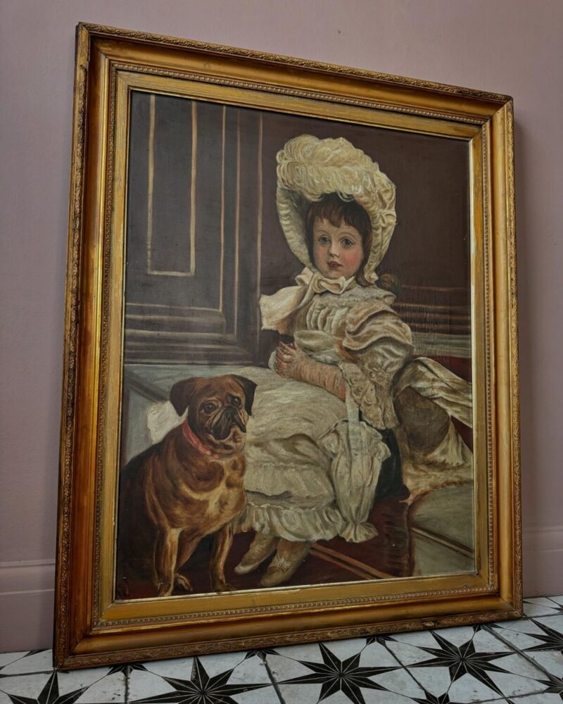 Victorian Oil Painting Girl & Pug - Image 5