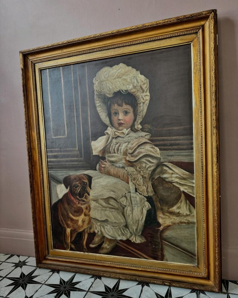 Victorian Oil Painting Girl & Pug - Image 12