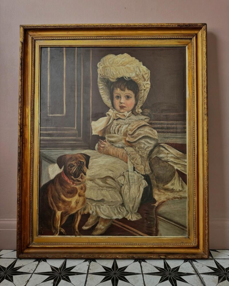 Victorian Oil Painting Girl & Pug - Image 2
