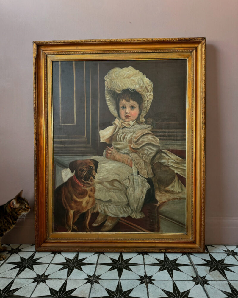 Victorian Oil Painting Girl & Pug